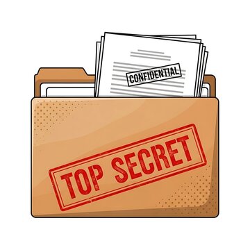 A cartoon illustration of a brown file folder with a red stamp and confidential documents