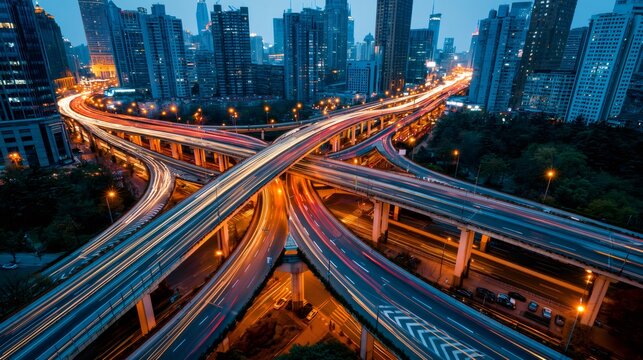 Urban highway interchange with light trails at night