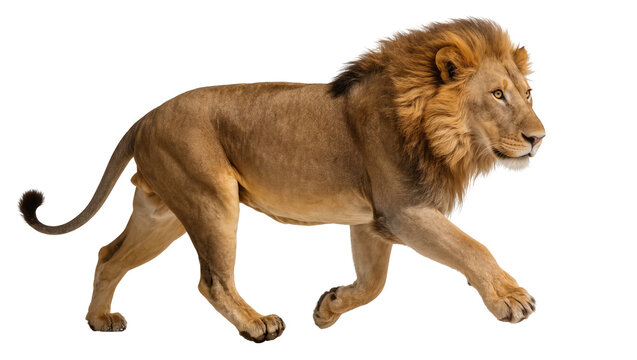 Male lion with mane walking profile view, studio shot