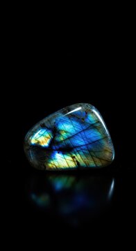 Iridescent blue and green flash within a polished labradorite mineral isolated dramatically on a pure black surface, design, labradorite, light