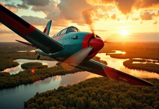 Turquoise vintage airplane flying low over winding river at golden sunset