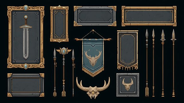 Fantasy game UI asset set with medieval banners, weapon frames, and magical artifacts isolated on black background