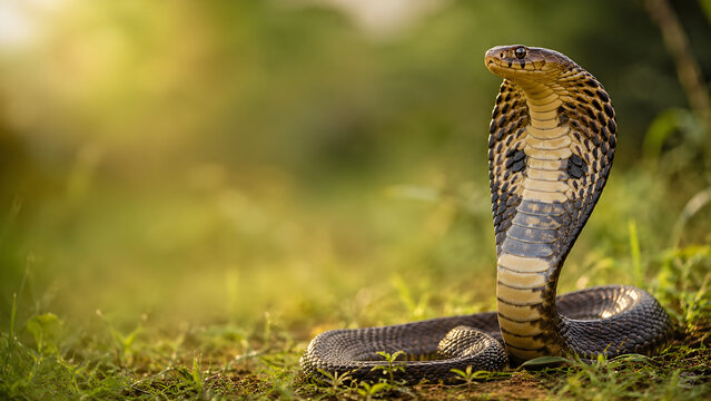 King cobra snake with raised hood in a sunny grassy field
