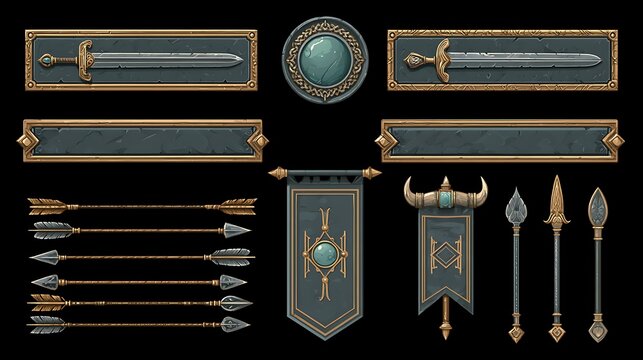 Fantasy RPG game interface UI elements isolated on black background