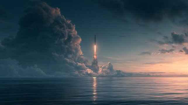 Rocket launch over the ocean at sunset with dramatic storm clouds
