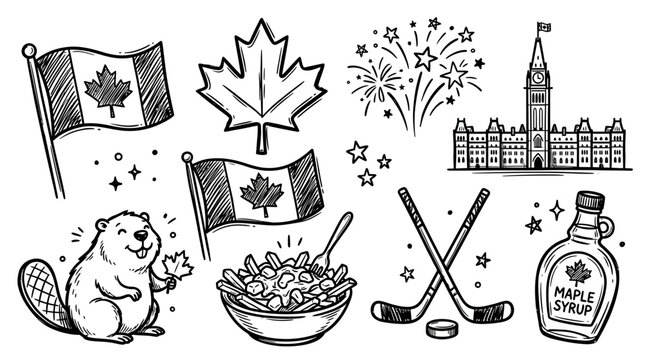 Canadian symbols and food items collection. Happy Canada Day