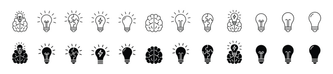 Idea lightbulb icon. Light bulb icon set, innovation and solution symbols, Inspiration creativity lamp vector icon. Business solution icon set. Light bulb linear icon set. © Jerrymoon