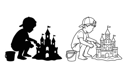 Child Building Sandcastle Silhouette And Line Art Illustration © Design Bari