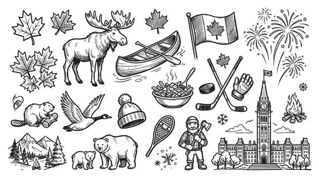 Canadian symbols and wildlife icons. Happy Canada Day