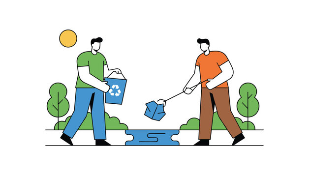 Volunteers work together to clean up plastic waste and rubbish in park to protect the environment and nature.
