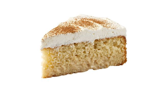 Moist Tres Leches cake slice with whipped cream and cinnamon isolated on a white background