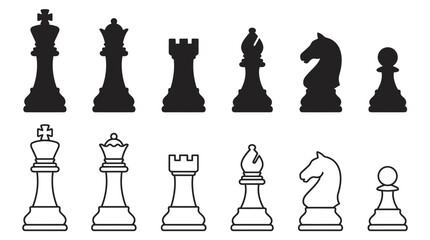 Chess Pieces In Silhouette And Line Art Style On White Background © Design Bari