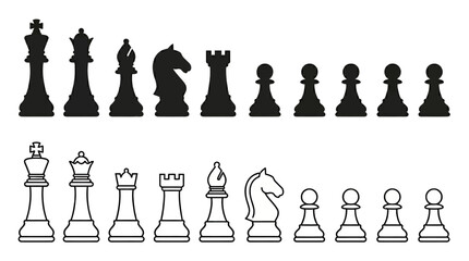 Chess Pieces Silhouette Set Black And White Line Art © Design Bari
