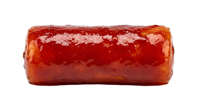 Single Korean tteokbokki spicy rice cake coated in red gochujang sauce isolated on white background