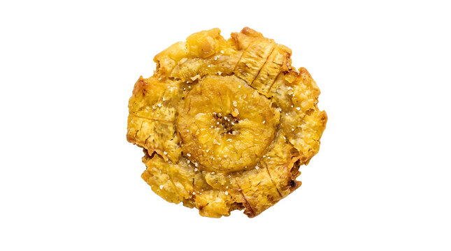 Crispy fried tostone green plantain slice with sea salt isolated on a solid white background
