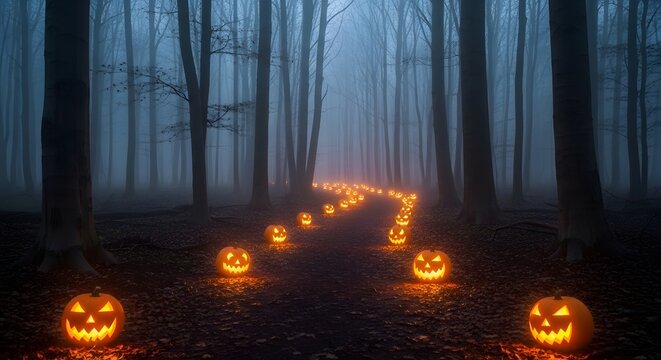 Mystical forest path lined with glowing jackolanterns in deep fog