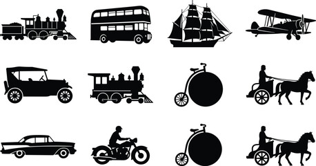 Historic Transportation Silhouette Collection with Trains Cars Aircraft Ships and Carriages © Hello World