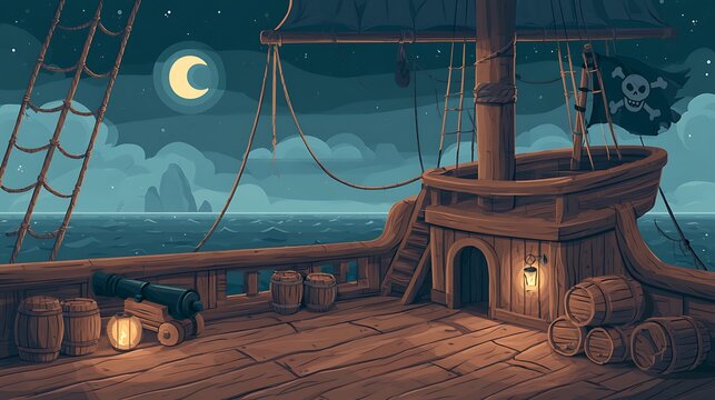 Pirate ship deck at night under moonlight