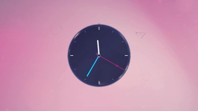 Minimalist dark wall clock ticking on a soft abstract pink background