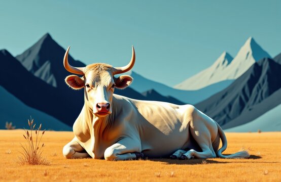 White cow resting on dry grass with mountain range backdrop and giga concept