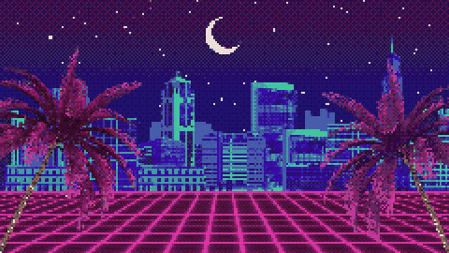 8-bit retro futuristic city at night with palm trees and crescent moon