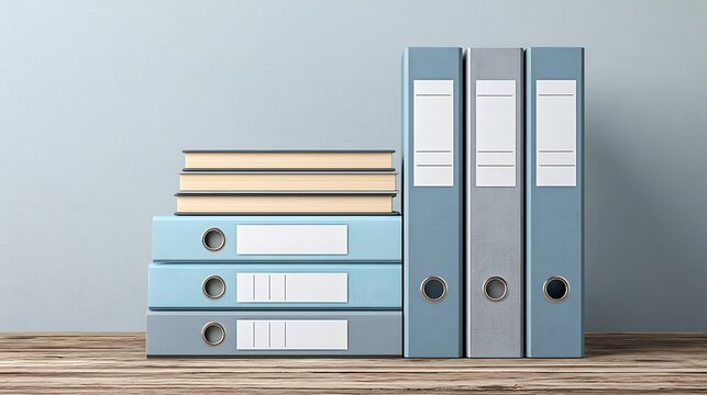 Stack of office binders and books on a wooden surface