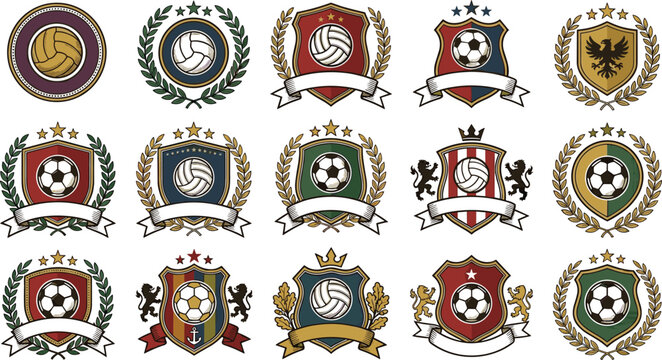 Vintage soccer heraldry badges and football club shield emblems set with laurel wreaths stars lions ribbons vector illustration