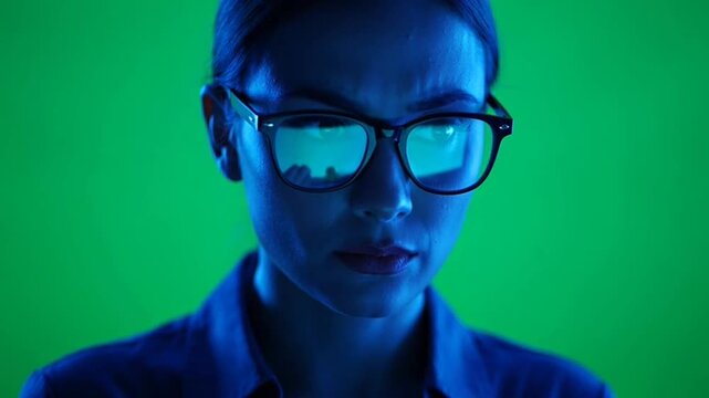 Woman wearing glasses looking at screen with blue light reflection on green background.