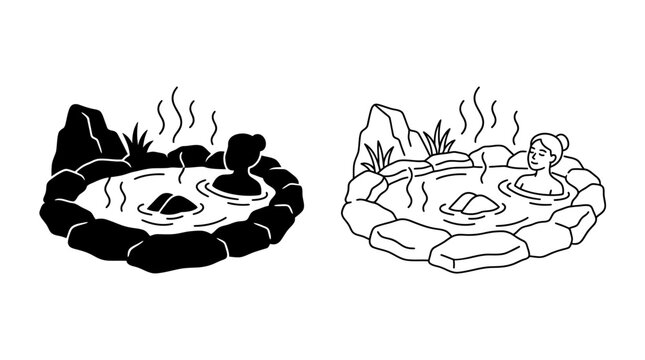 Onsen Hot Spring Scene With Person Black And White Line Drawing