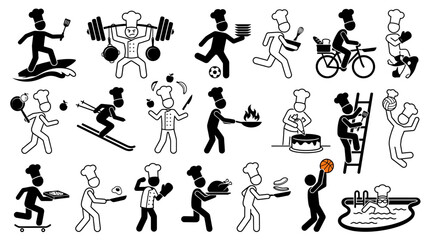 Chef Silhouettes Performing Various Sports And Activities Black And White © Design Bari
