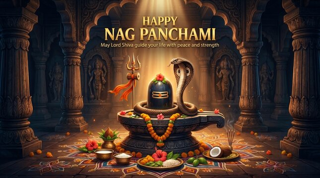 Sacred Shiva Lingam adorned with a Cobra and offerings in a dimly lit ancient temple with ornate pillars and glowing oil lamps happy nag panchami happy nag