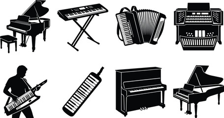 Keyboard and Piano Instrument Silhouette Collection with Accordion and Synthesizer © Hello World