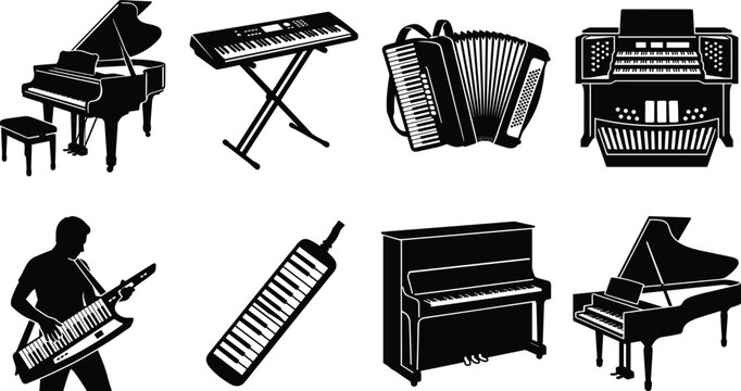 Keyboard and Piano Instrument Silhouette Collection with Accordion and Synthesizer