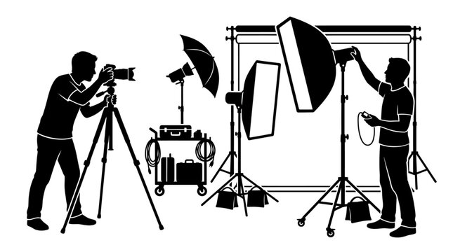 Photography studio setup with cameraman and lighting equipment silhouette