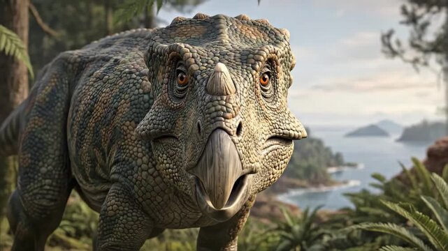 Ajkaceratops kozmai, Cretaceous dinosaur, accurate scientific reconstruction of small crested ceratopsian on coastal island
