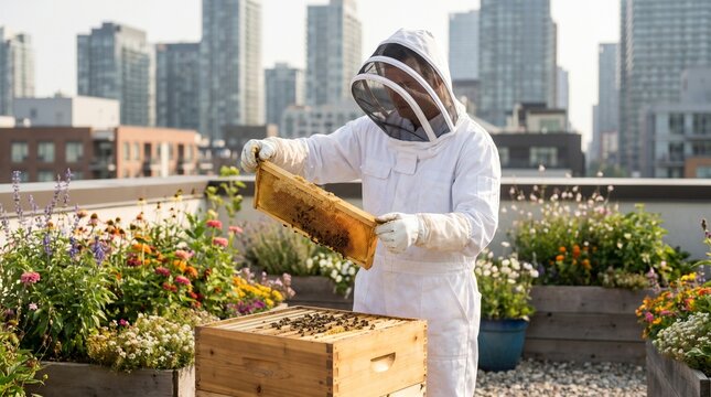 Urban beekeeper inspecting honey frame on rooftop garden skyline