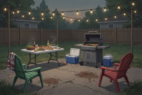 Backyard barbecue setup with grill, picnic table and string lights at dusk