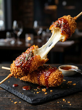 Crispy korean corn dogs with stretchy mozzarella cheese pull