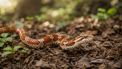 Obraz premium Corn snake slithering through dry leaves on a forest floor