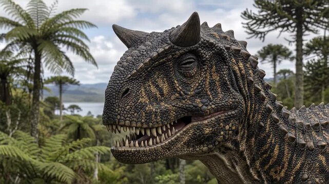 Carnotaurus sastrei, Cretaceous dinosaur, accurate scientific reconstruction of large horned theropod predator in a forest