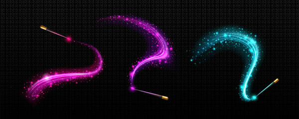 Naklejka premium Magical wand with glowing sparkles and light trails, realistic vector set on transparent background. Fairy spell effect, shimmering stars and particles, and luminous swirls, enchanting atmosphere