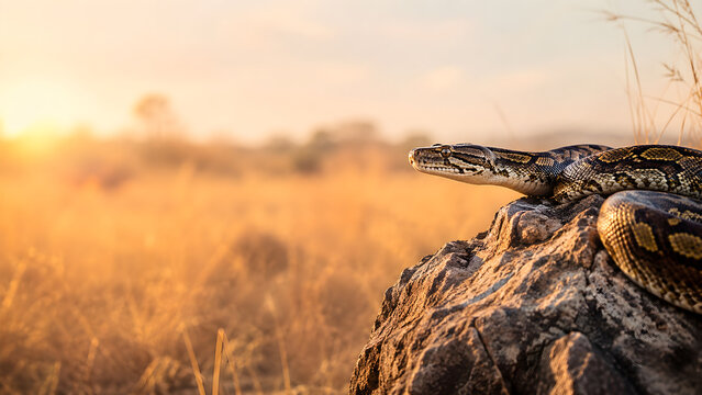 Large python snake resting on a rock in the golden savanna light