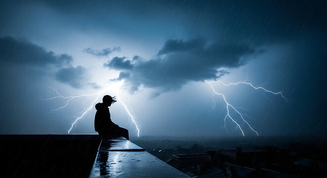 Person silhouette on building edge watching intense night lightning