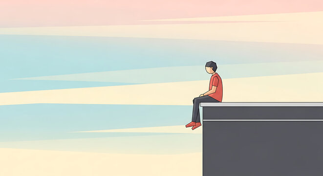 Illustration of a solitary man sitting on the edge of a building