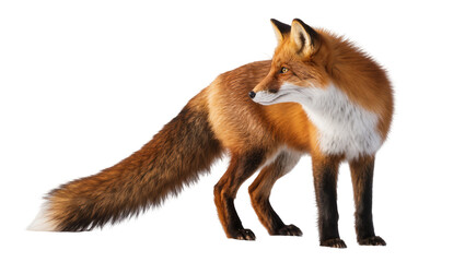 Fototapeta premium Red fox with bushy tail standing on white
