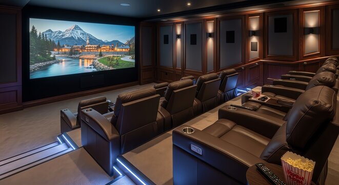 Luxury Home Cinema Plush Recliners, Big Screen, Ambient Lighting