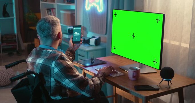 Man in wheelchair uses an AI assistant on his smartphone while working at a computer with a green screen display. Accessibility, artificial intelligence and customizable digital workspace concept.