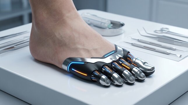 Futuristic robotic foot prosthesis on white surface, concept of medical implantation and precision limb replacement after amputation.