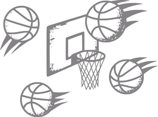 Dynamic basketball action balls flying towards hoop and net © Omar