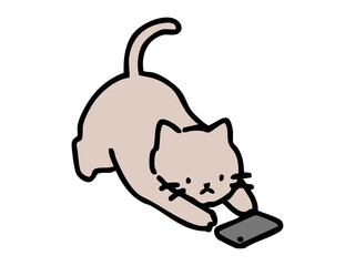 Fototapeta premium スマートフォンを見ながら伸びをしているかわいい猫のイラスト
